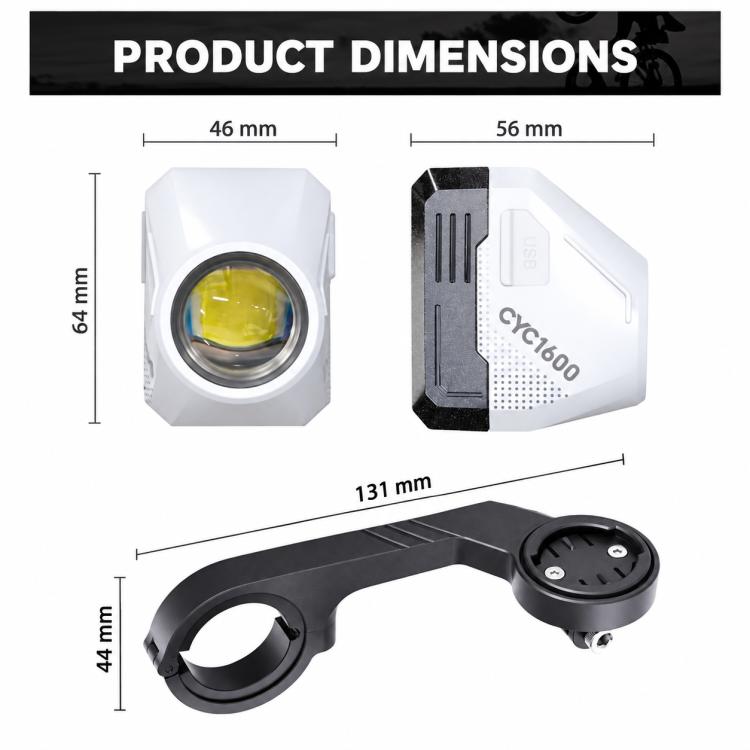 Bike light product dimensions diagram with front lens and handlebar mount