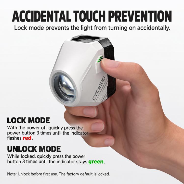 Bike light with lock mode button being pressed by a hand on the side panel