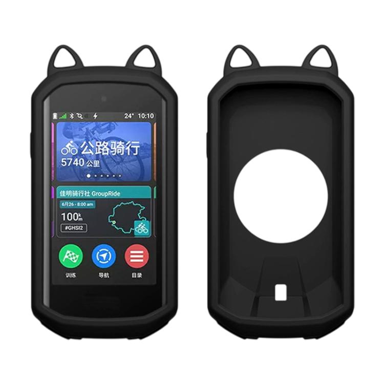 Black silicone cat-ear case cover for a bike GPS, with screen window and open mount
