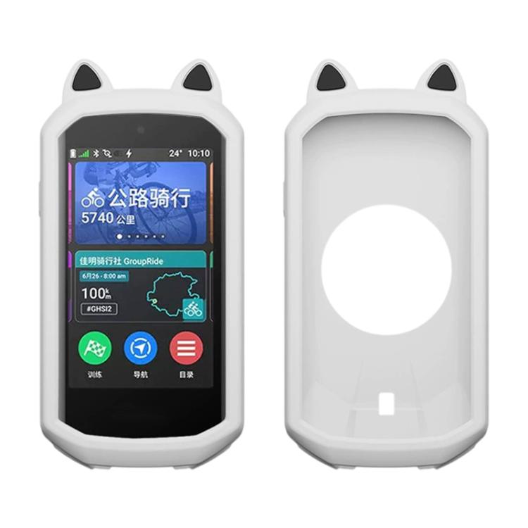White silicone cat-ear case cover for a bike GPS, with screen window and open mount