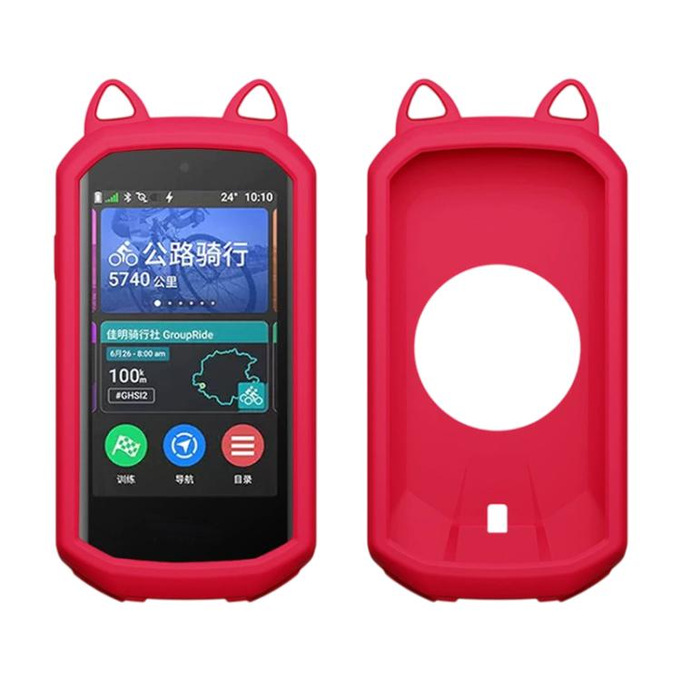 Red silicone cat-ear case cover for a bike GPS, with screen window and open mount