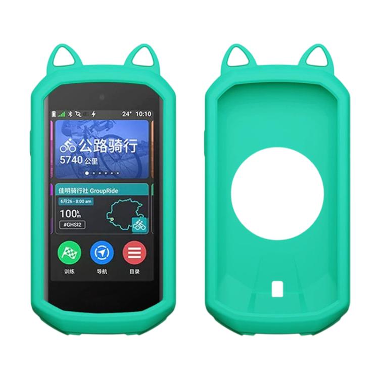 Teal green silicone cat-ear case cover for a bike GPS, with screen window and open mount