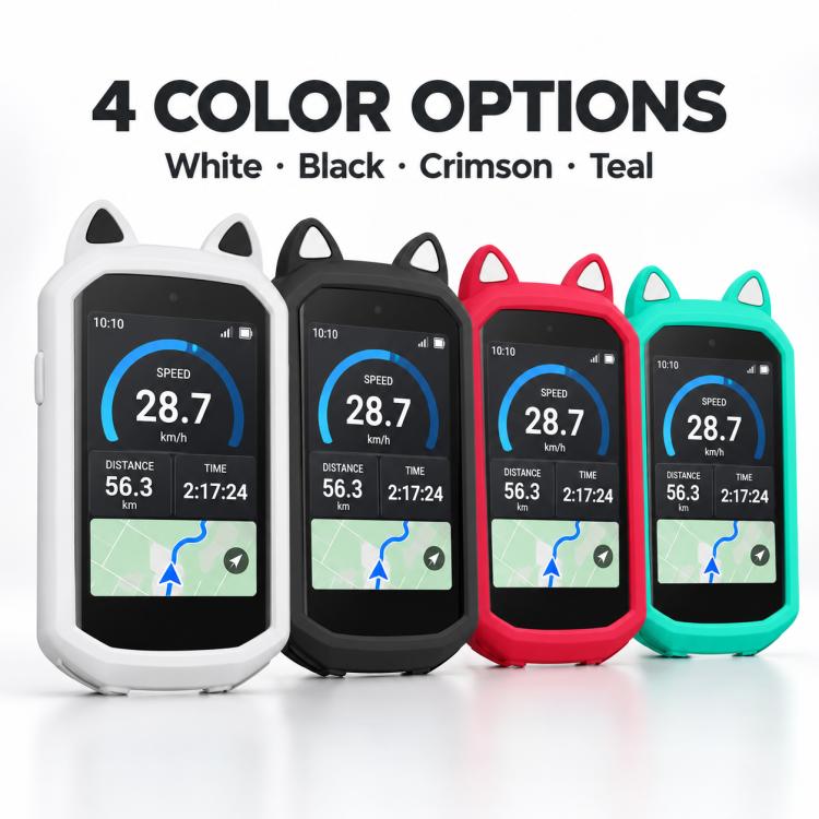 Set of four silicone cat-ear GPS covers in white, black, crimson, and teal green