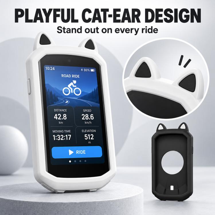 White silicone cat-ear GPS cover with screen window, plus a small black side cover