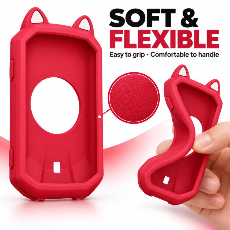Red silicone cat-ear GPS cover with screen window, flexed by a person’s hand