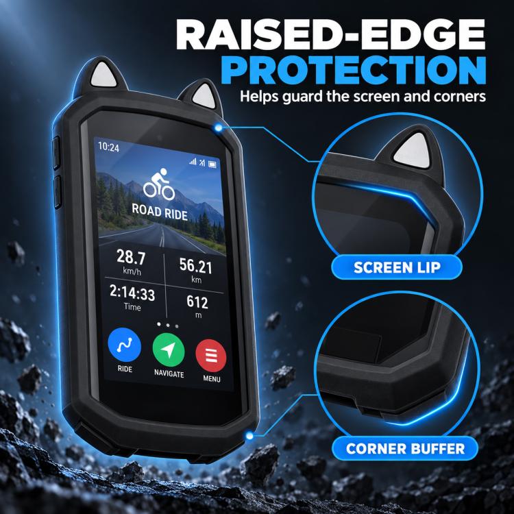 Black silicone cat-ear GPS cover with raised screen lip and corner bumper