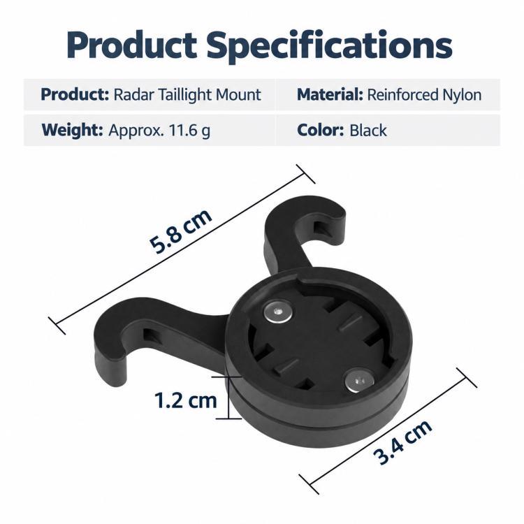 Black radar tail light mount dimensions diagram with circular base and U-shaped clips