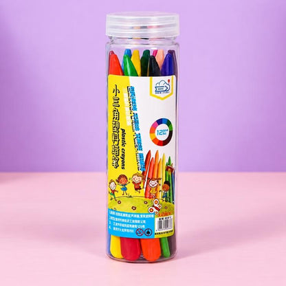 Set of 12 triangular plastic crayons in clear jar, assorted colors