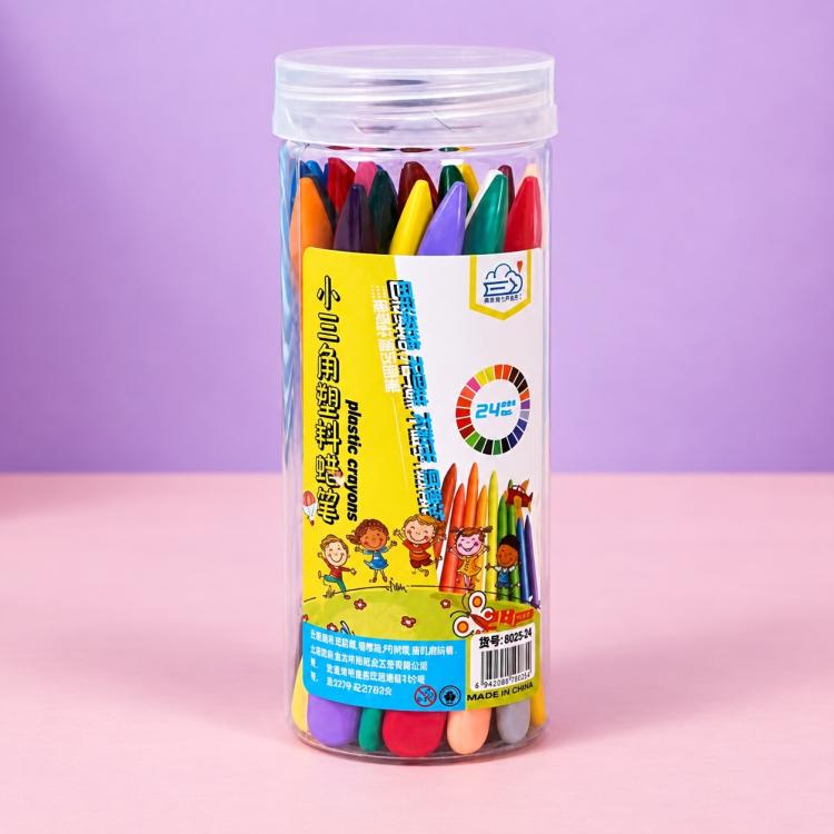 Set of 24 triangular plastic crayons in clear jar, assorted colors