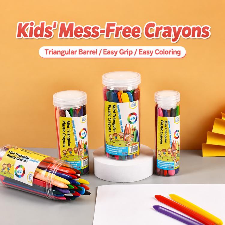 Triangular plastic crayons in clear jars with loose crayons, assorted colors
