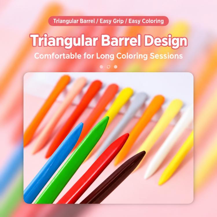 Triangular barrel plastic crayons arranged on card, assorted orange red blue green