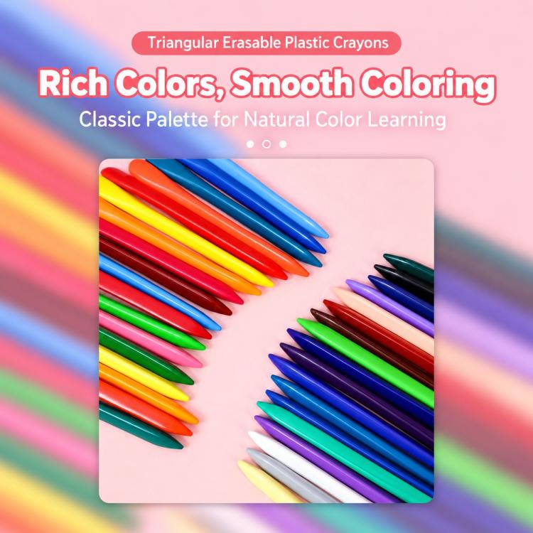 Triangular plastic crayons arranged in rows on card, assorted bright colors