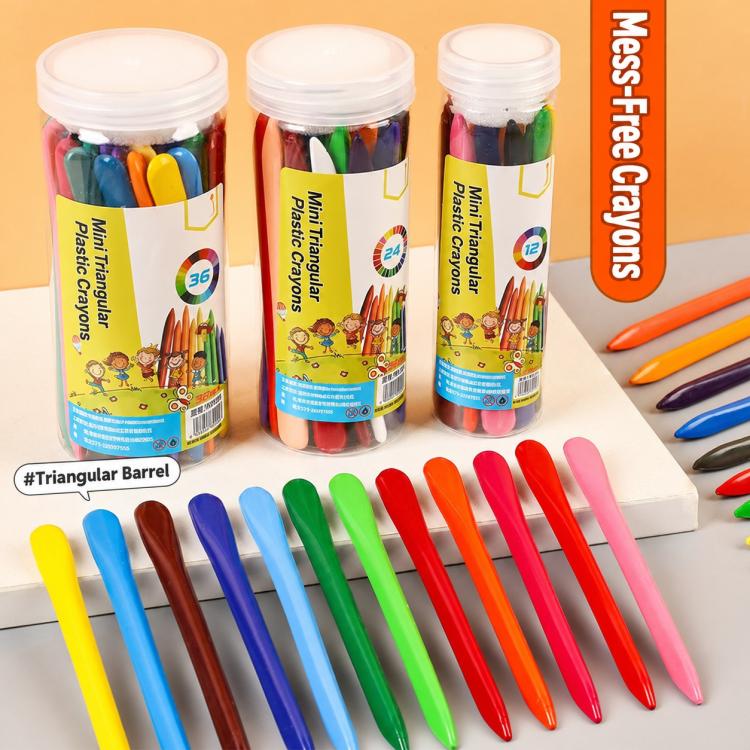 Washable triangular crayons in clear tubes, assorted bright colors