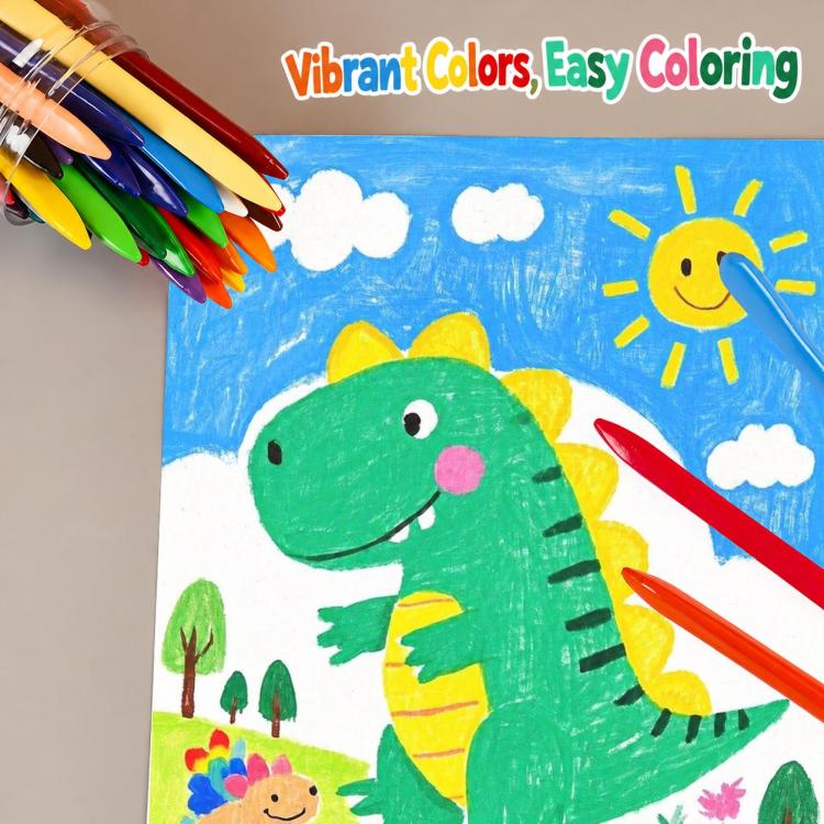 Triangular washable crayons coloring a kids page with colorful dinosaur illustration