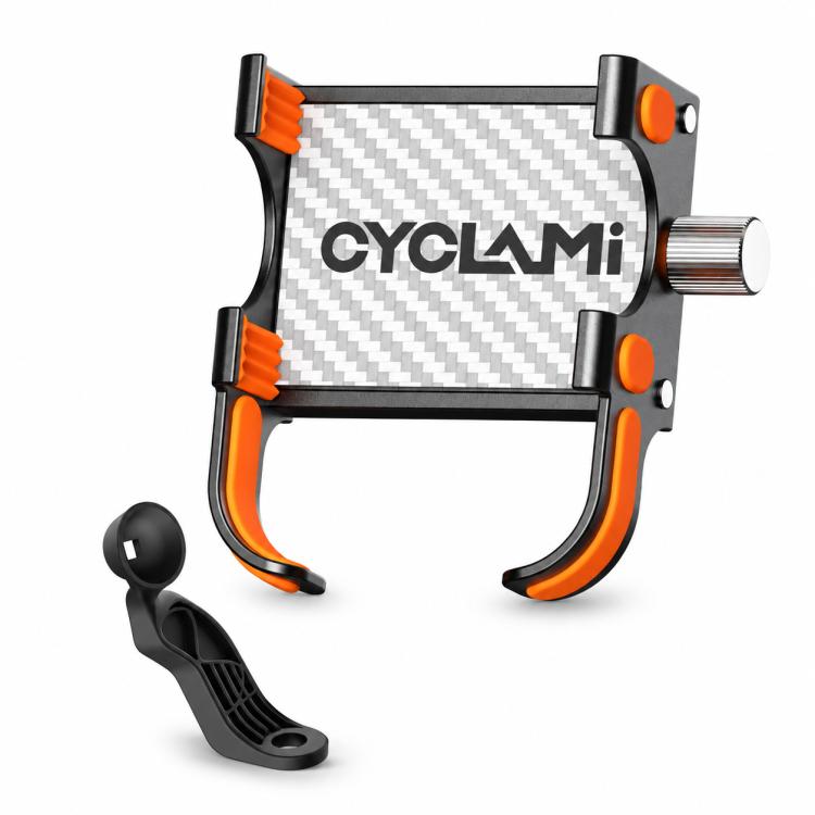 Black and orange carbon-pattern bicycle phone mount with 360° rotatable cradle