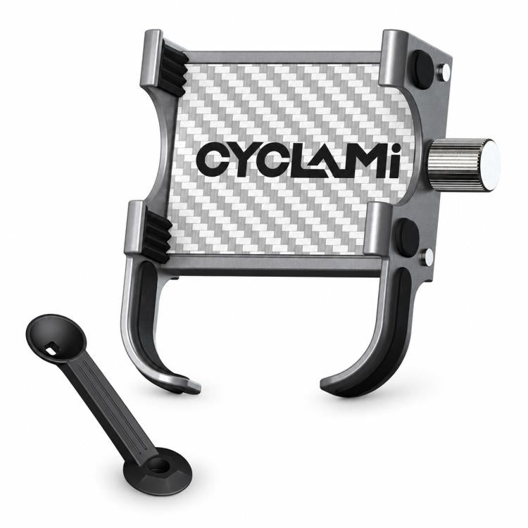 Black and silver carbon-pattern bicycle phone mount with clamp and 360° bracket