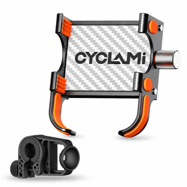 Black and orange bicycle navigation phone holder with carbon-pattern mount and base