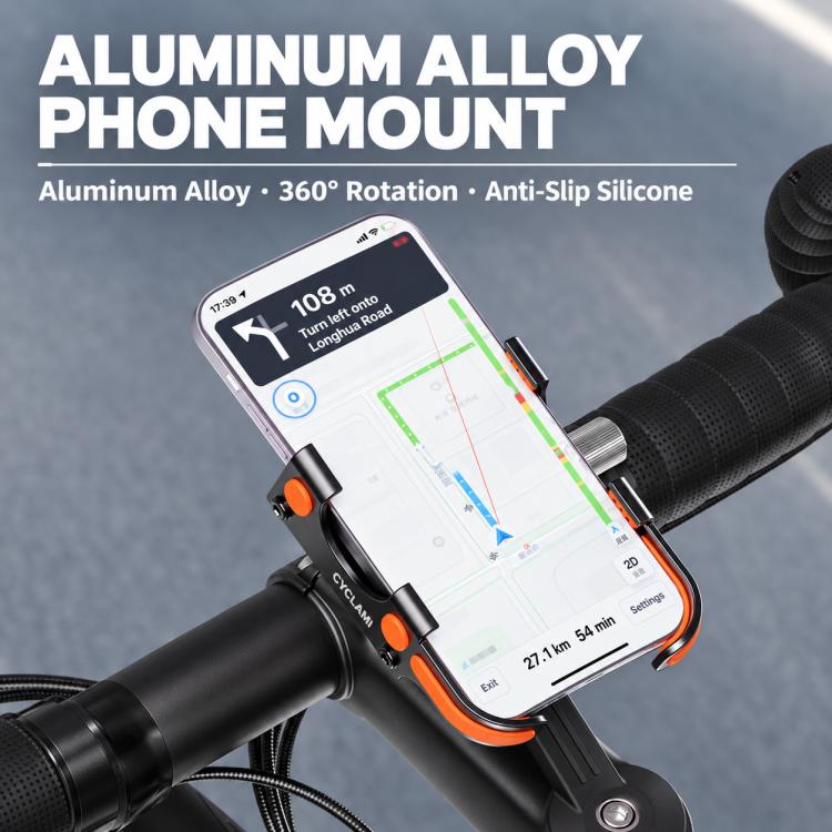 Aluminum alloy bicycle phone mount with orange accents and adjustable handlebar clamp