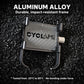 Black aluminum bicycle phone mount frame with carbon-pattern plate and orange grips