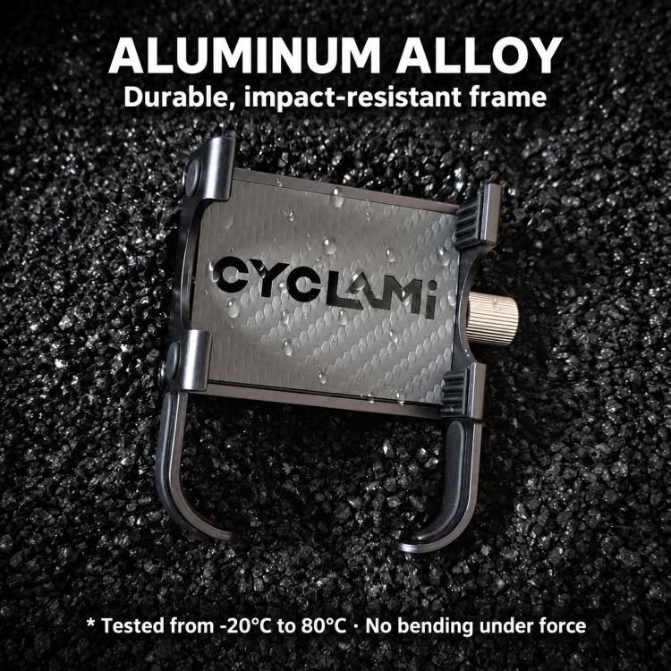 Black aluminum bicycle phone mount frame with carbon-pattern plate and orange grips