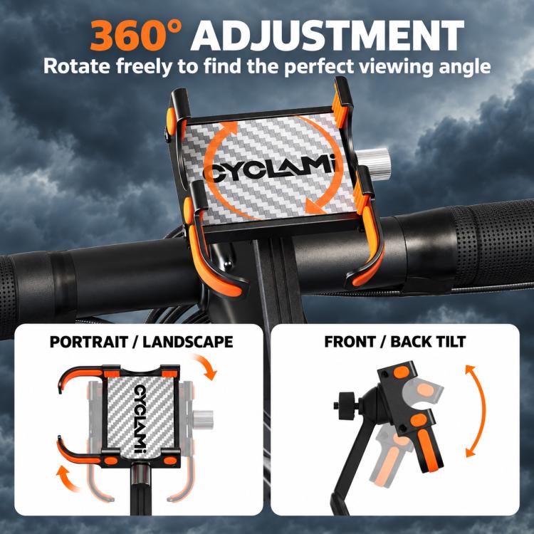 Bicycle phone mount with 360° adjustment and tilt supports in black and orange