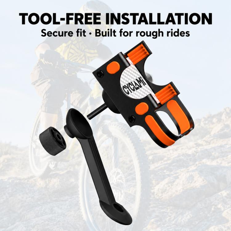 Tool-free bicycle phone mount with orange clips and curved base bracket