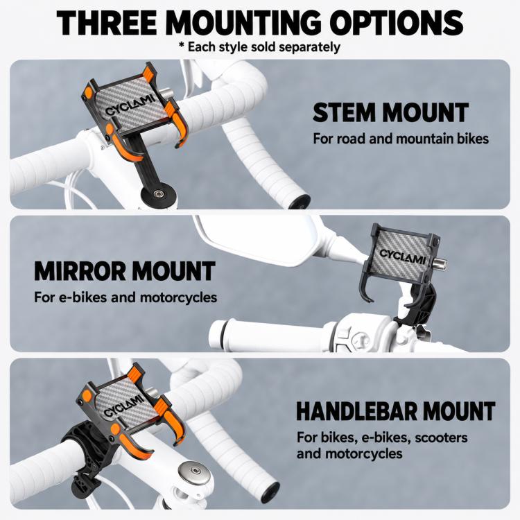Bicycle phone mount showing stem, mirror, and handlebar mounting styles