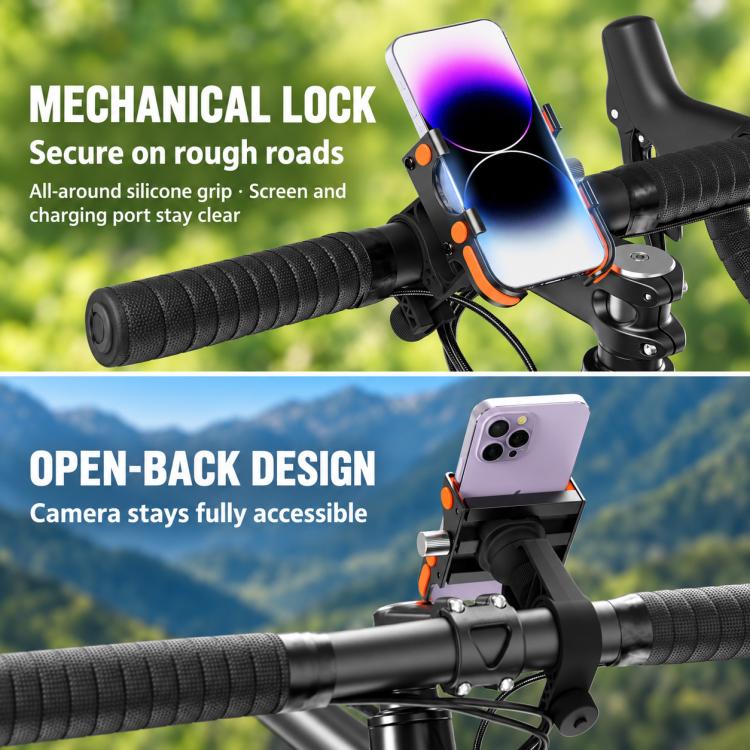 Bicycle phone mount on handlebar with open-back design for charging and access