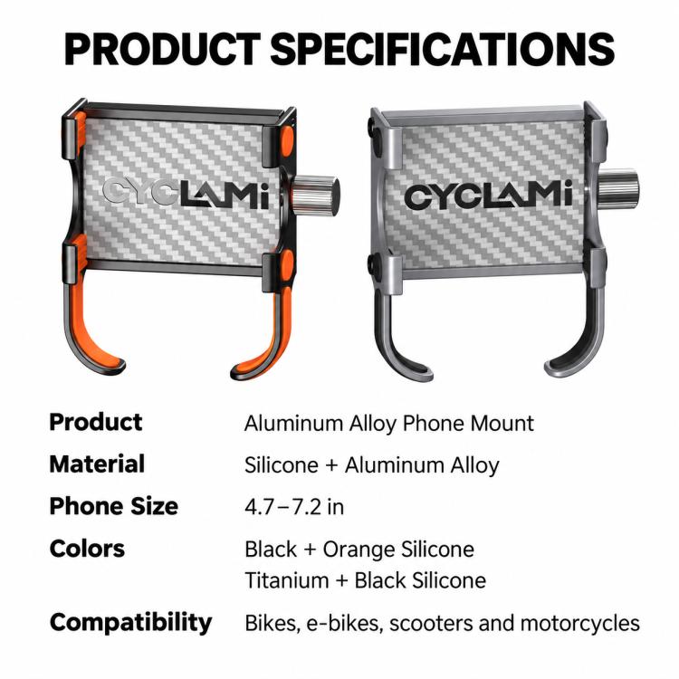 Aluminum alloy phone mount with silicone grips, black and orange; rotatable design