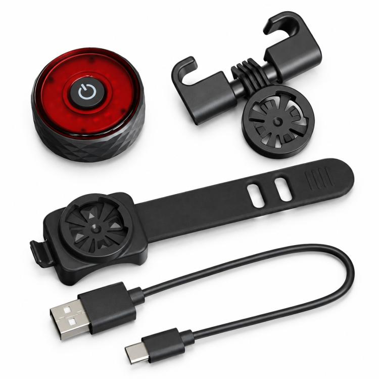 Bike tail light with red LED lens, saddle-rail mount, and USB charging cable