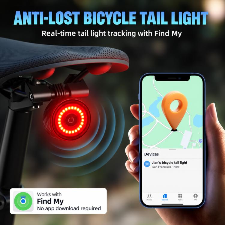 Bike tail light with red LED glow shown with smartphone map tracking