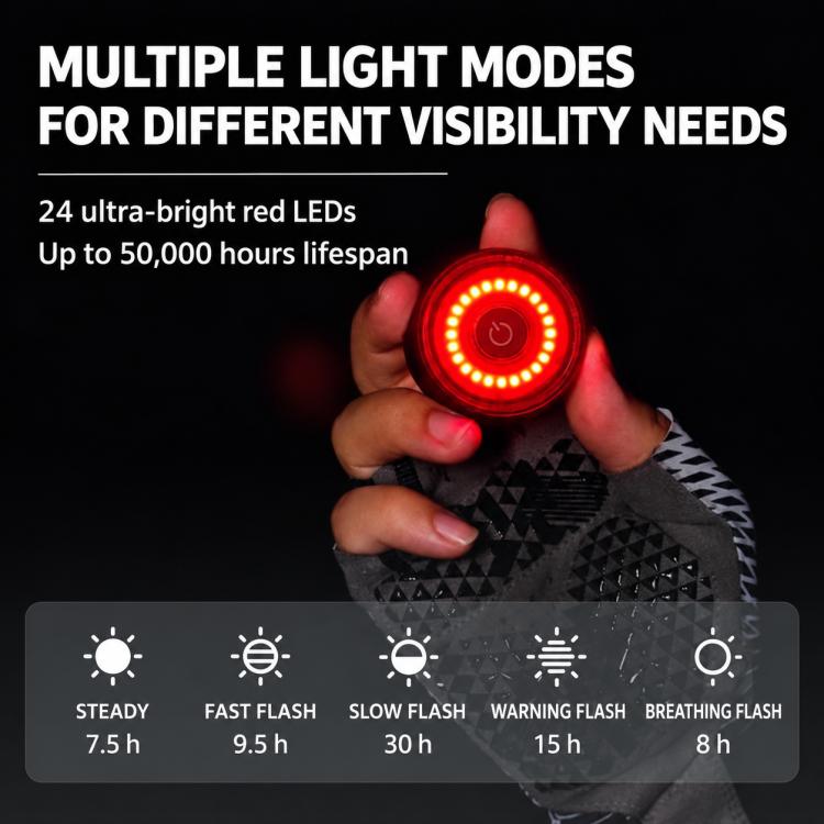 Round red LED bike tail light with textured black body held in hand