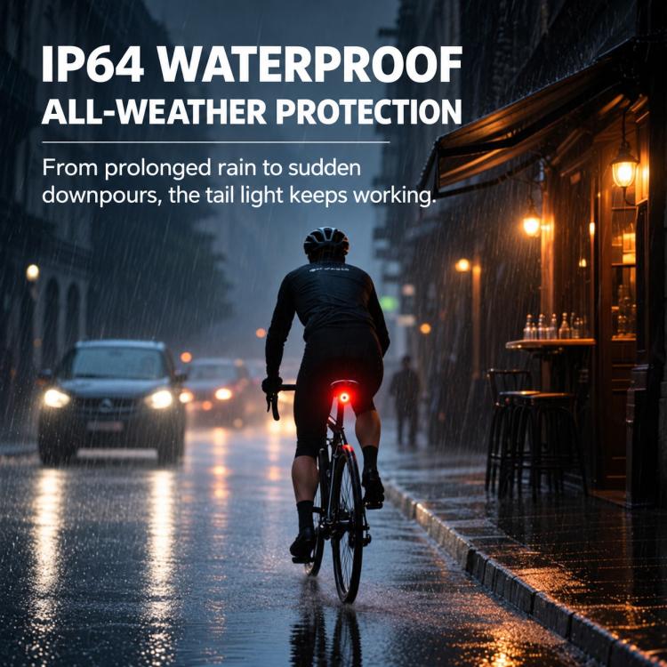 Bicycle tail light with red LED lit on rear of bike in the rain