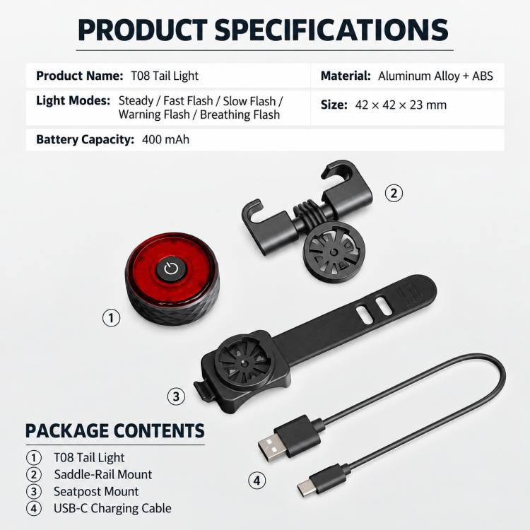 Bike tail light kit with red lens, mounts, and USB charging cable