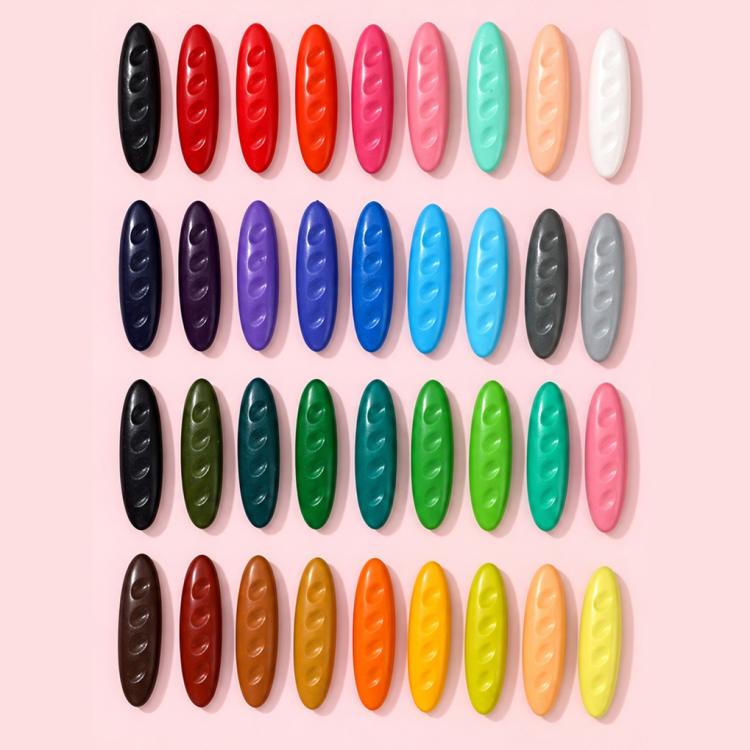 Children's plastic crayons: assorted dark and bright oval crayons arranged in rows