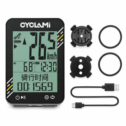 Cycling GPS bicycle computer with black display, sensor mounts, and cable ring accessories