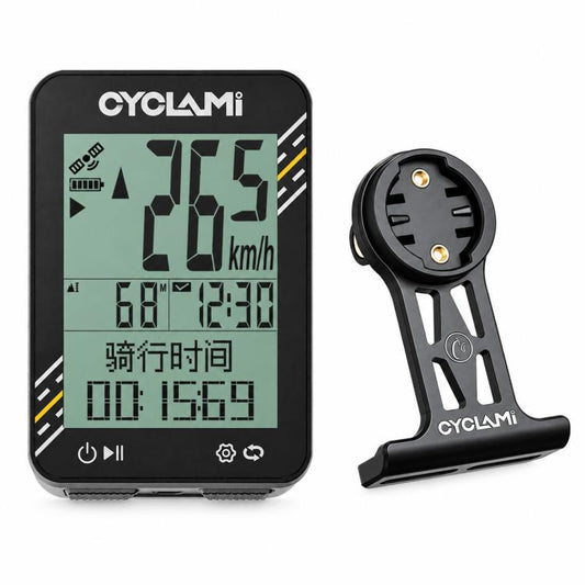 Cycling GPS bicycle computer with black display and S8-style mounting bracket