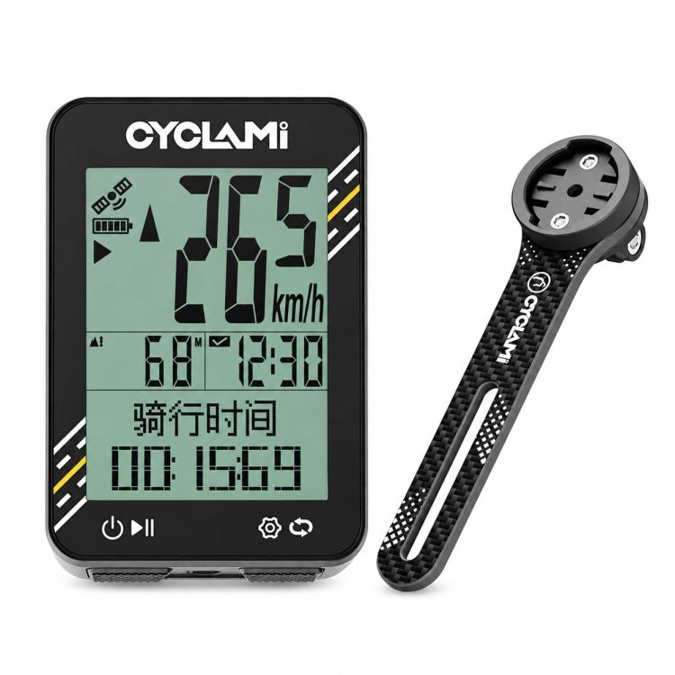 Cycling GPS bicycle computer with black display and long bracket mount arm