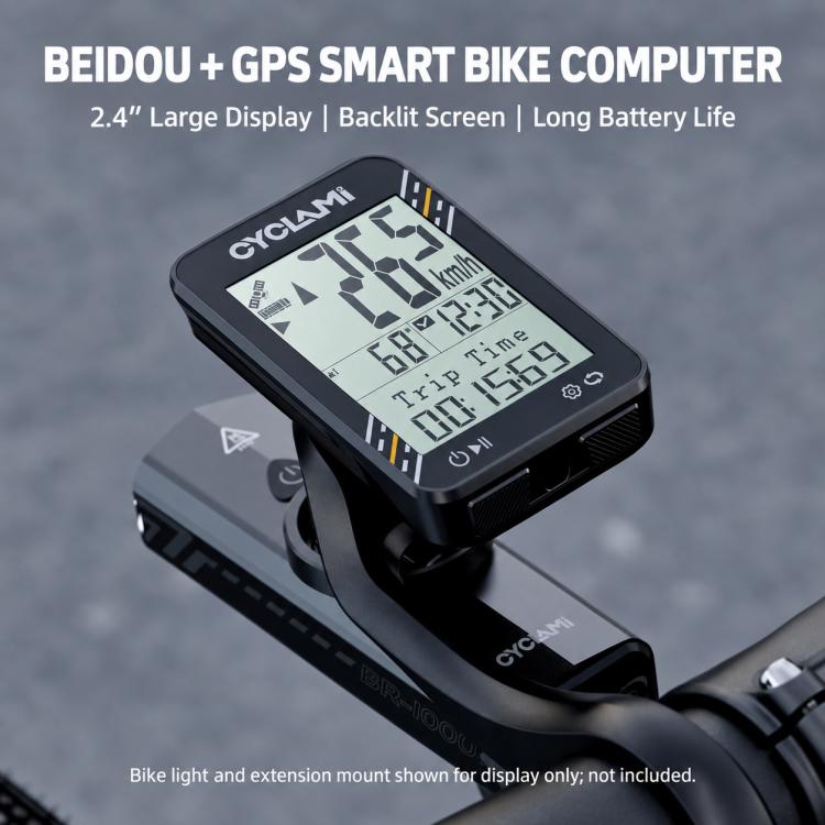 Cycling GPS bicycle computer with large black screen on front bike handlebar mount