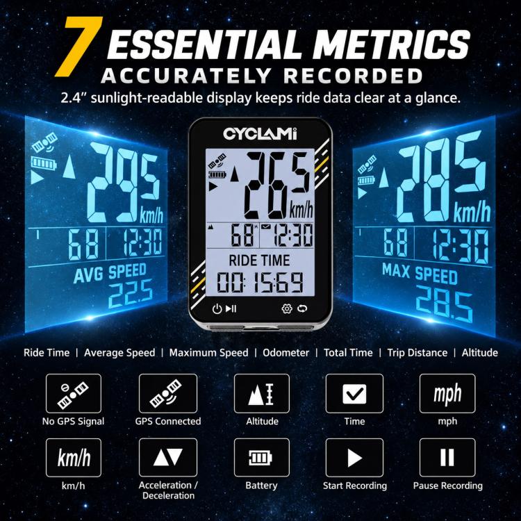 Cycling GPS bicycle computer with sun-readable black display and bottom control icons
