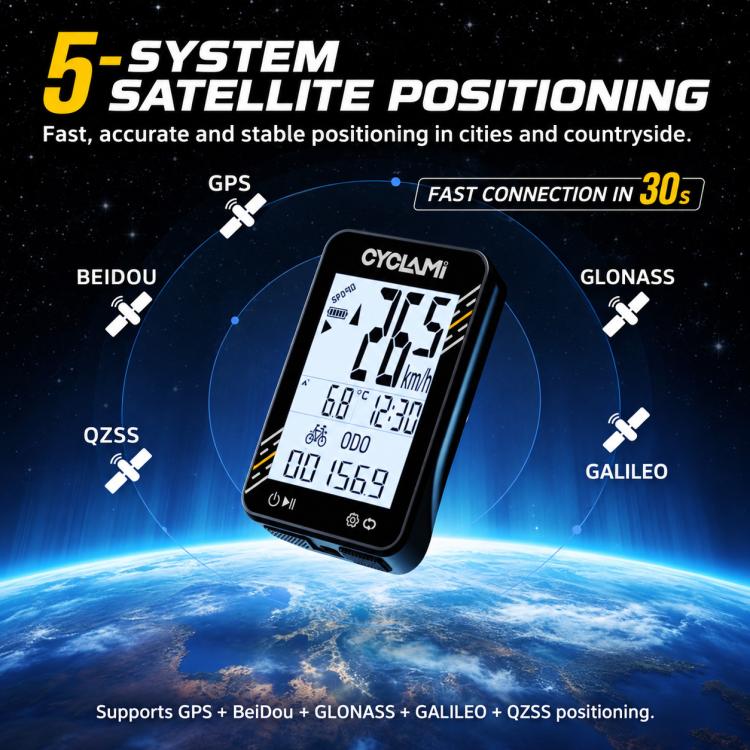 Cycling GPS bicycle computer with satellite-positioning style display and compact body