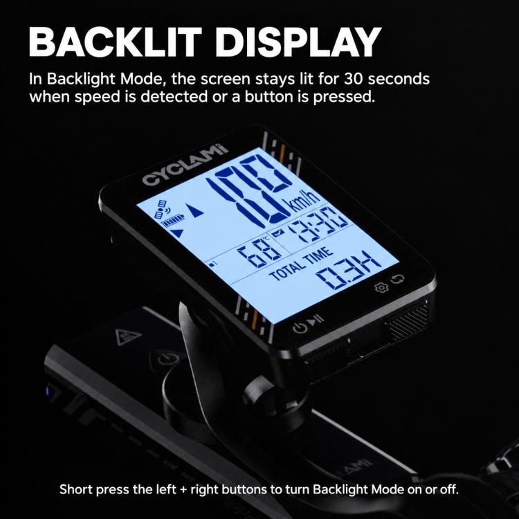 Backlit GPS bicycle computer with black housing and bright LCD on handlebar mount