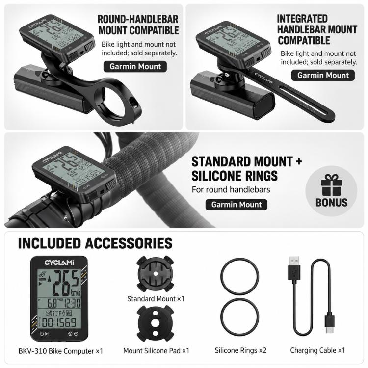 Bicycle GPS computer kit with bracket mounts, silicone rings, and charging cable accessories