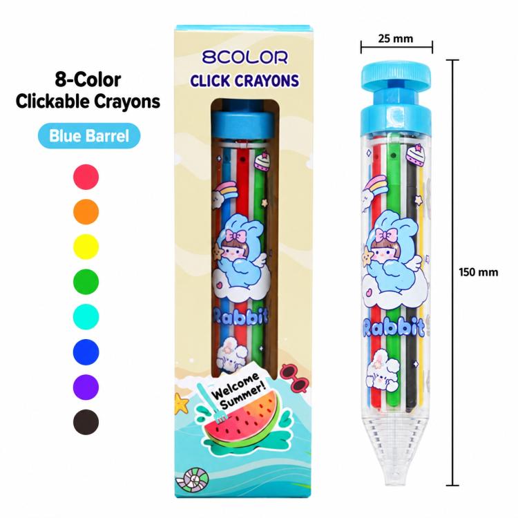 Blue retractable click crayon with clear barrel and colored leads inside, rabbit print
