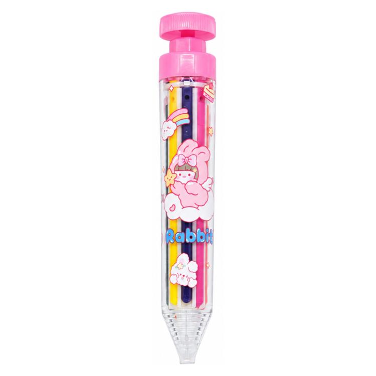 Pink retractable click crayon with clear barrel and colored leads inside, rabbit design