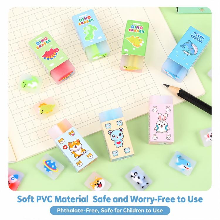 Kids cartoon eraser blocks set with dinosaur and ocean themes, assorted colors
