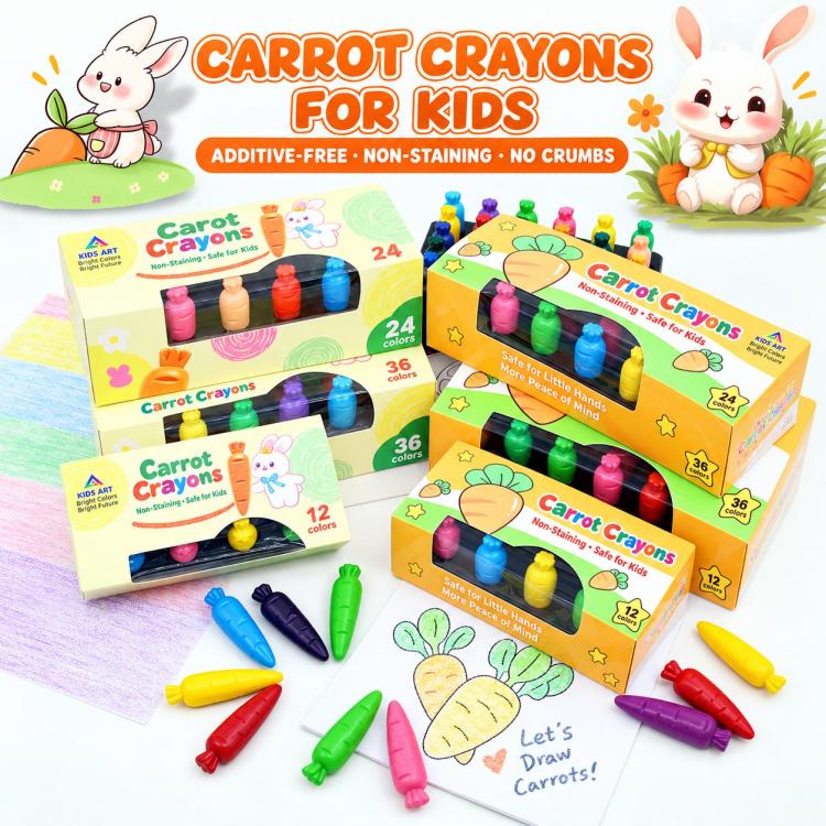 Kids crayon set with multiple boxed color packs and loose carrot-shaped crayons