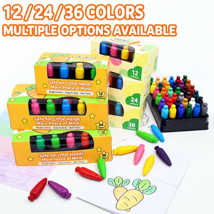 Carrot crayon multipack with 12/24/36 color boxes and loose crayons on paper