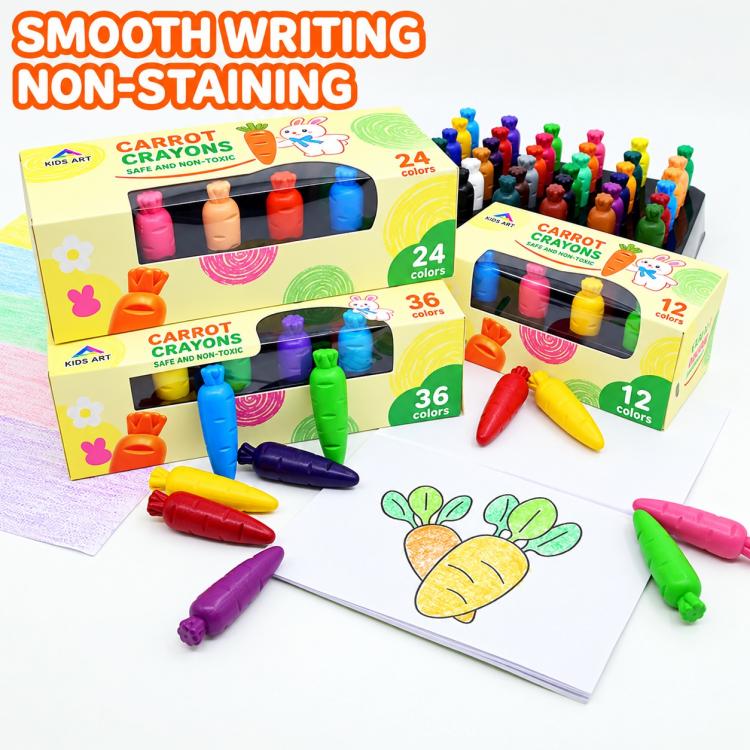 Washable carrot crayon multipack with boxed sets, drawing sheet, and scattered crayons