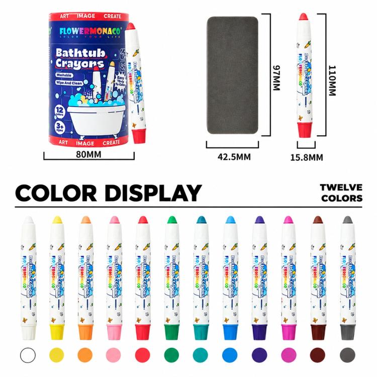 12-color crayon color display with box and tube size measurements